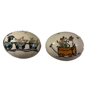 Vintage Hand painted Ceramic Porcelain Floral Train Wagon Signed Egg 2.25”